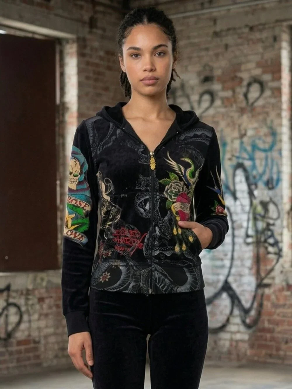 VTG Ed Hardy Black Velour Zip Up Tattoo Hoodie | McBling Indie Sleaze Trashy Y2K - Picture 2 of 16